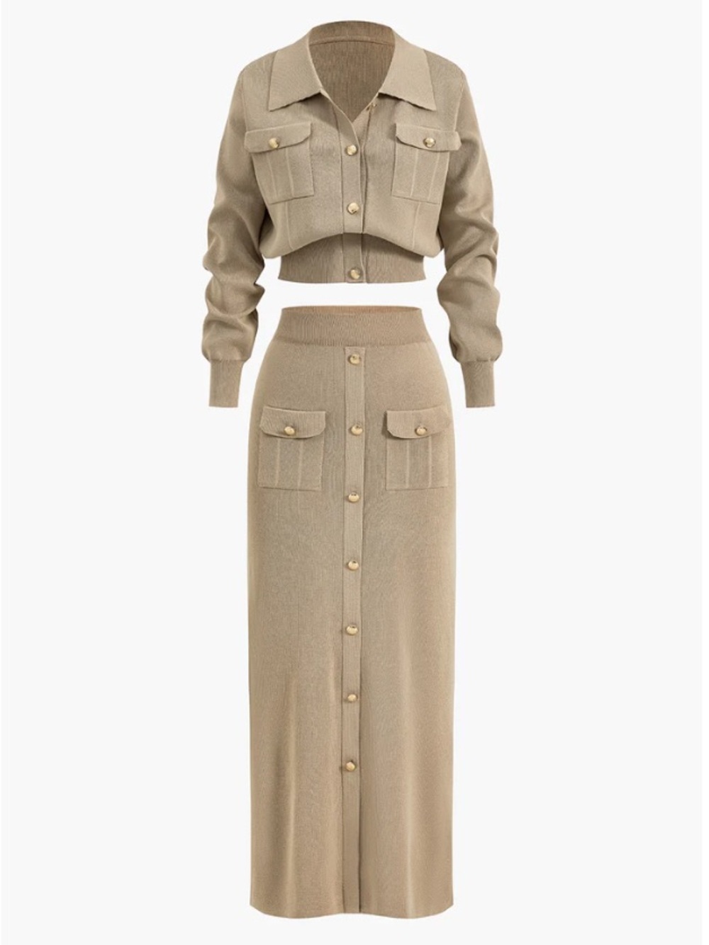 Button-Front Knit Top & Maxi Skirt set in Khaki